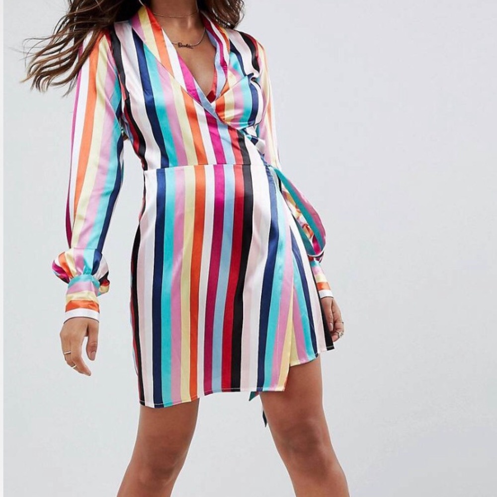 Rainbow Stripe 🌈 Mini Wrap Skater Dress